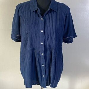 Style & Co Collared Pintuck Blue Short Sleeve Blouse Sz L NWT